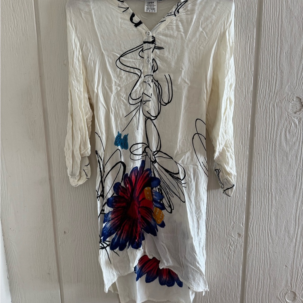 Elegant Floral Midi Dress - Cream and Blue